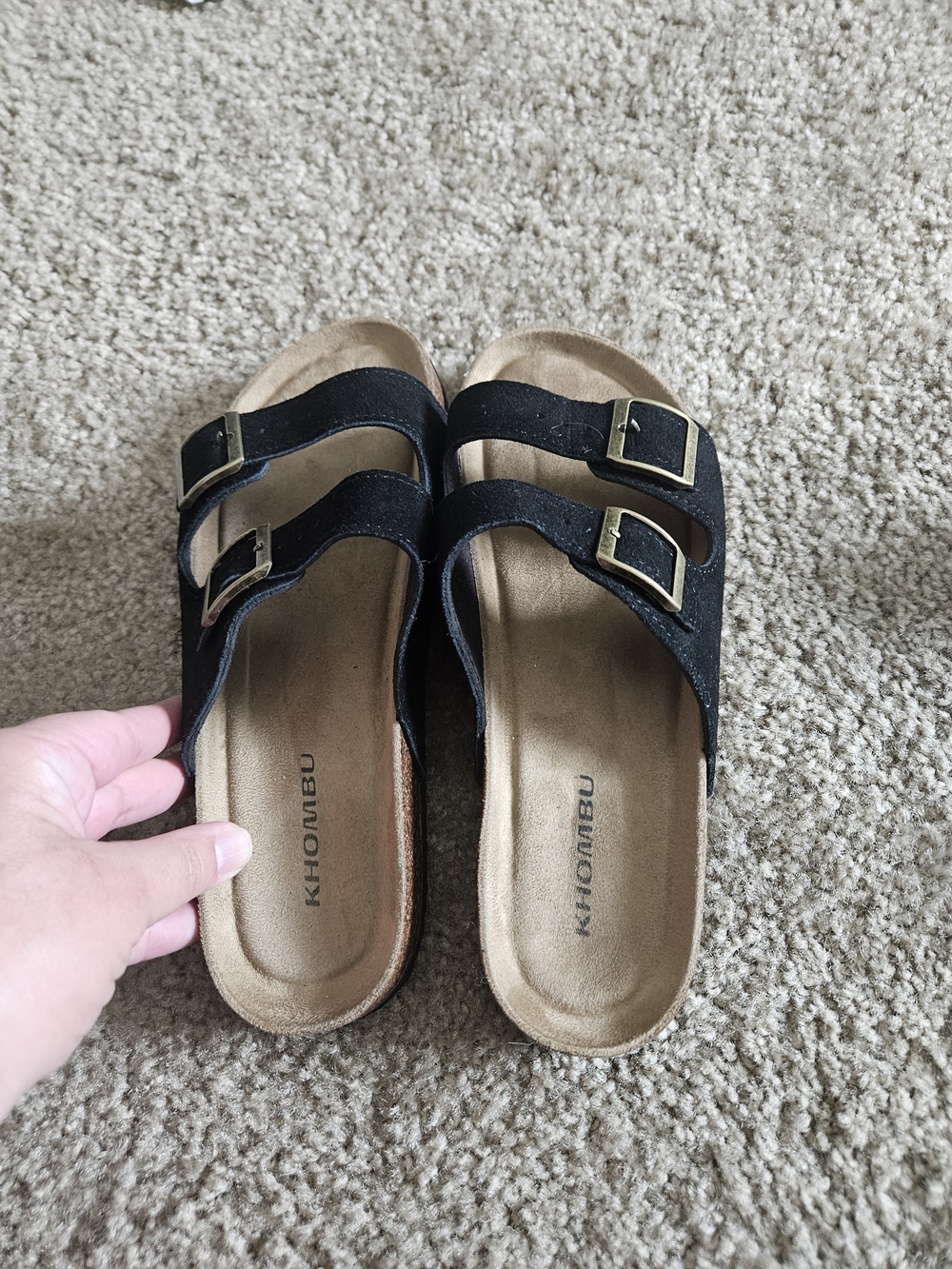 Khombu Black Double Buckle Slide Sandals with Gold Buckles